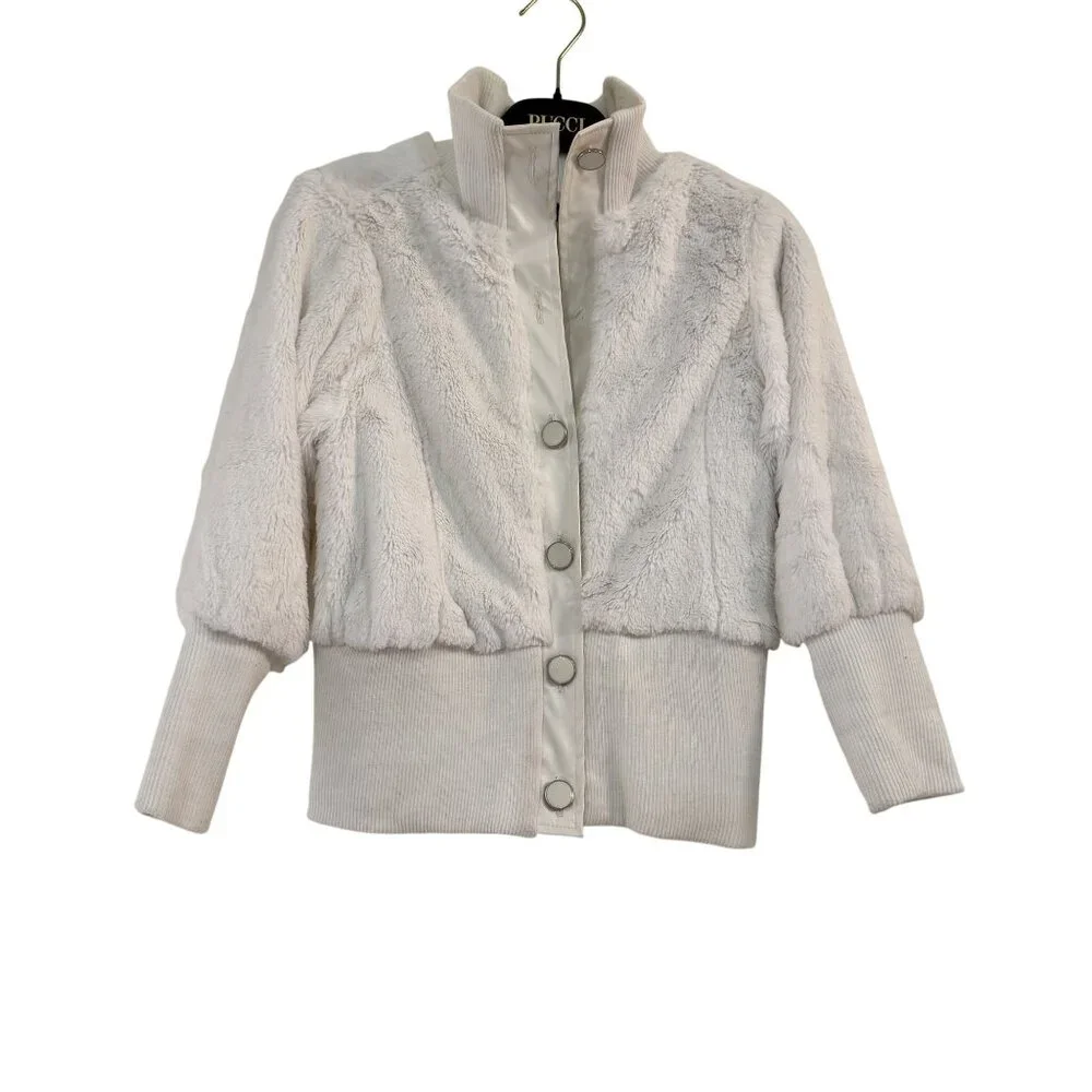 Y2K Dérotchild Faux Fur Bomber Jacket Ivory White Puff Sleeve Ribbed Hem Small - Picture 4 of 9